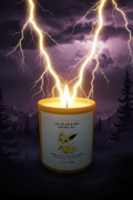 Jolteon candle with lightning strike, no sparks, stormy purple sky background