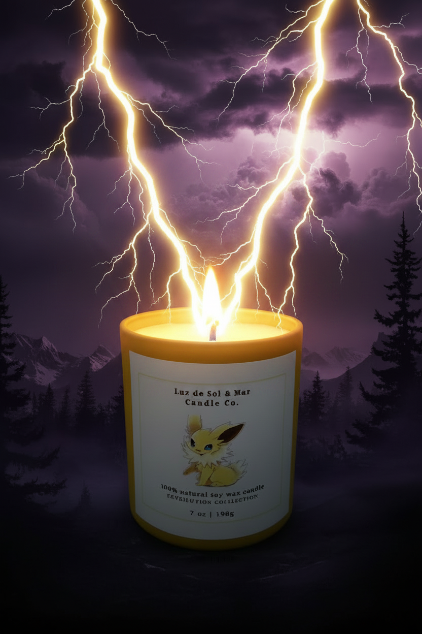 Jolteon candle with lightning strike, no sparks, stormy purple sky background