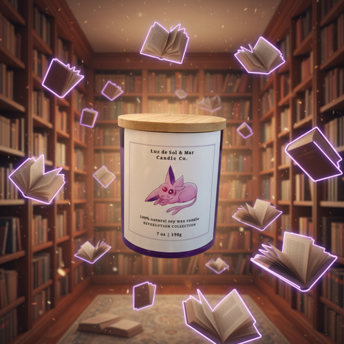 Eeveelution Collection — Violet candle floating in mystical library with violet-outlined books