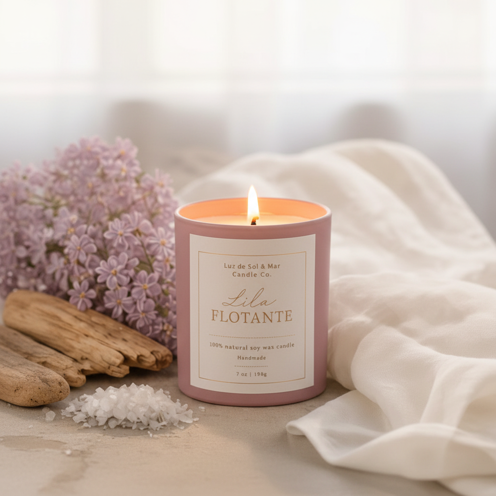 Lila Flotante soy candle surrounded by lilac blooms, driftwood, mineral salt and fresh linen in soft blush tones