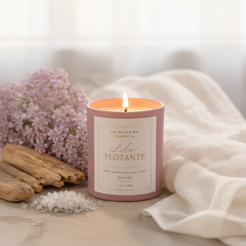 Lila Flotante soy candle surrounded by lilac blooms, driftwood, mineral salt and fresh linen in soft blush tones