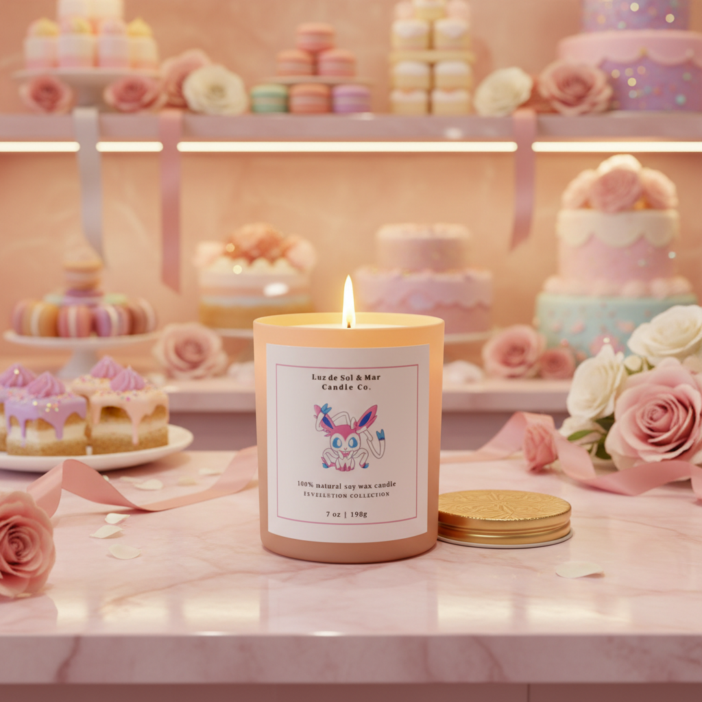 Eeveelution Collection — Blush candle in dreamy pastel bakery lifestyle scene