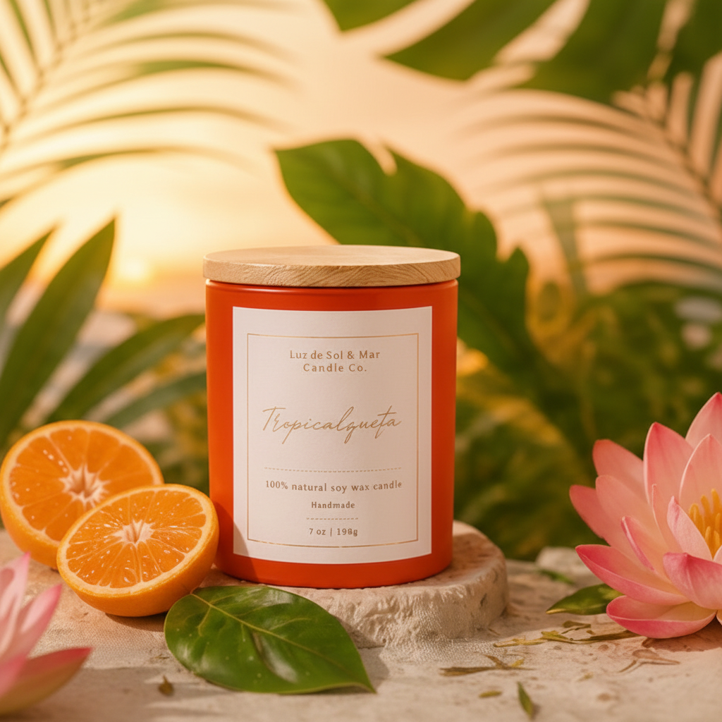 Tropicalqueta soy candle with lid on, surrounded by mandarin citrus slices and lotus blossoms in golden tropical light