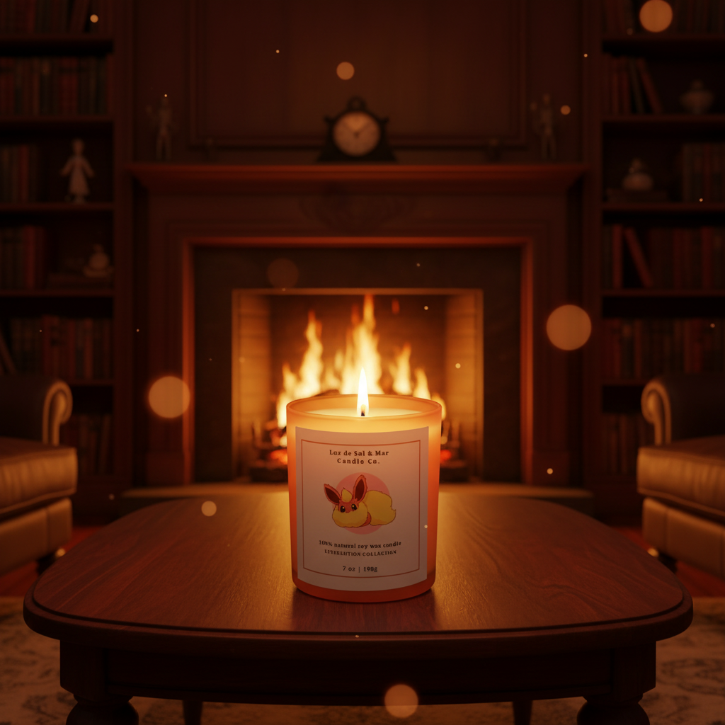 Eeveelution Collection — Orange candle lit, cozy fireplace lifestyle photo