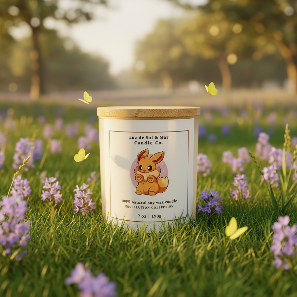 Eeveelution Collection — Ivory candle in dreamy purple meadow with yellow butterflies