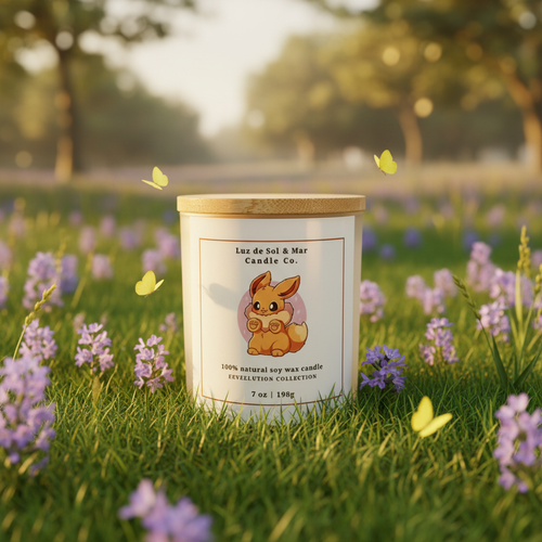 Eeveelution Collection — Ivory candle in dreamy purple meadow with yellow butterflies