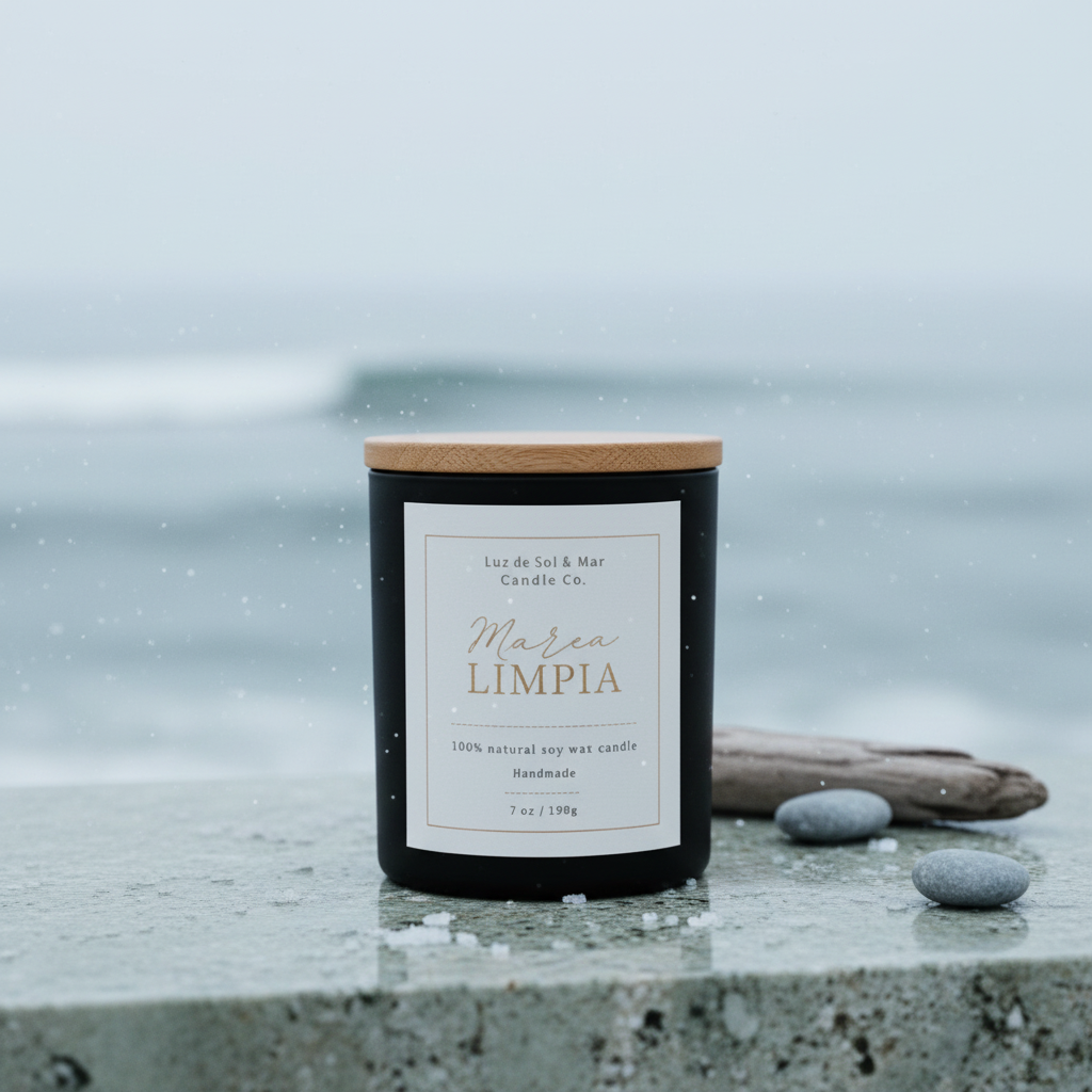 Marea Limpia soy candle with lid on in a crisp coastal scene with sea salt and ocean air atmosphere